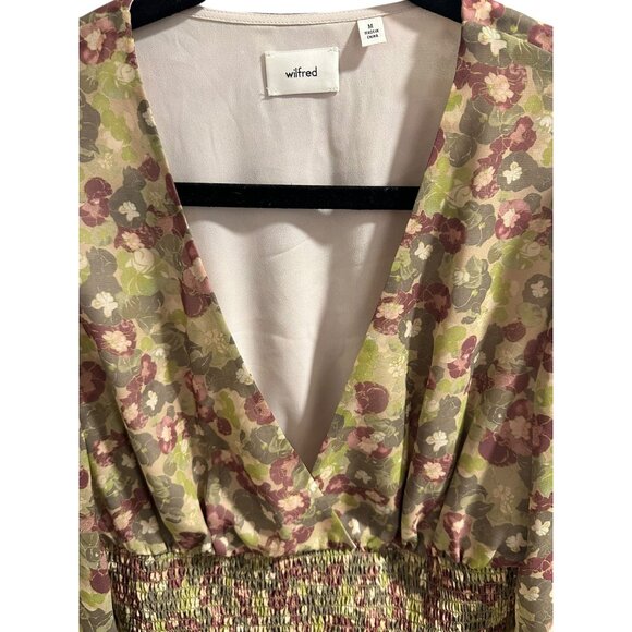 ✌️ 2/$40 ✌️ Artizia Wilfred Floral Green & Plum Plunging Neck Blouse sz M - Picture 3 of 8